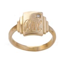 18ct gold ring set with diamond chip, engraved with initials, size X, 8.6 grams.