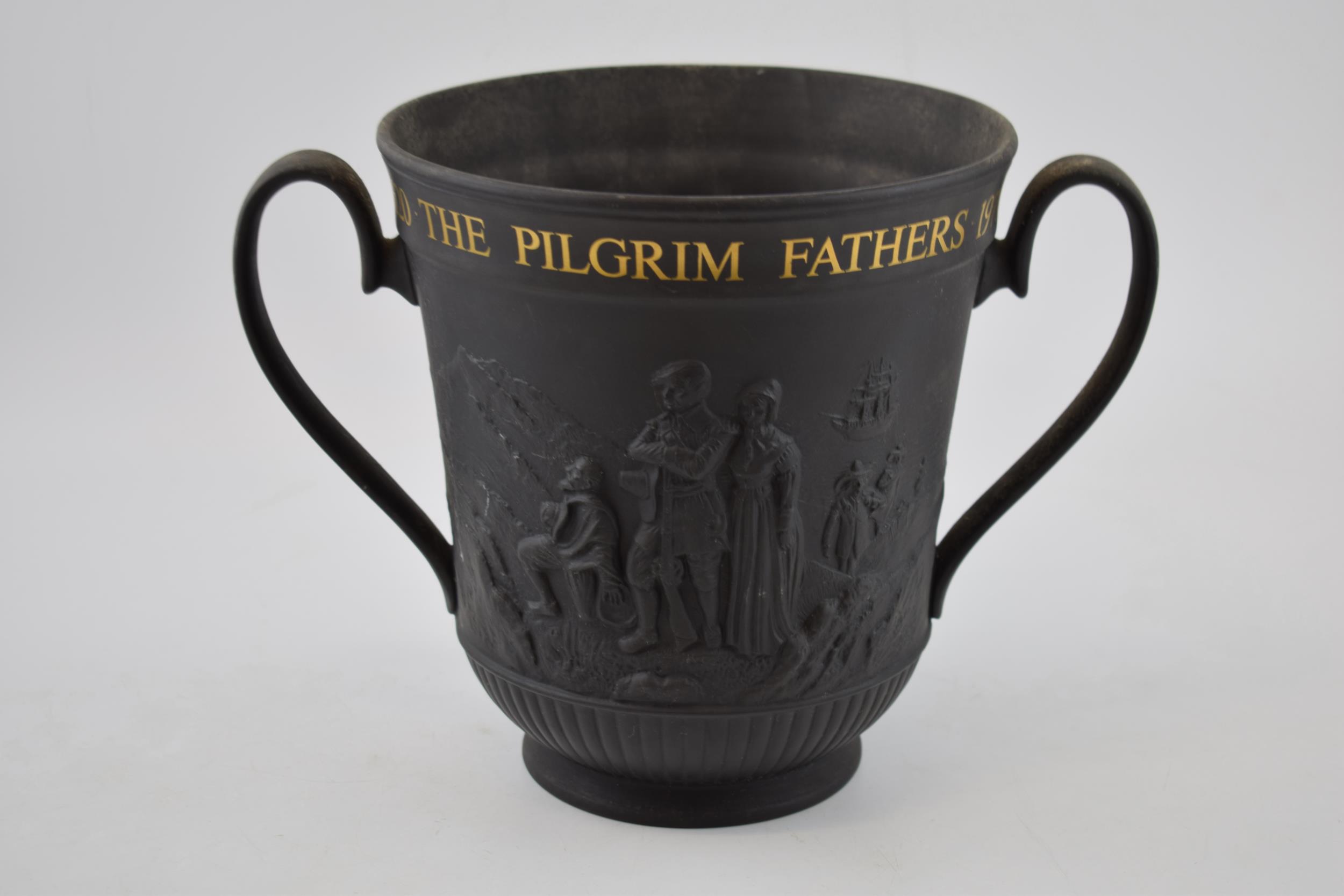 Royal Doulton Limited Edition Black Basalt 'The Mayflower' loving cup, 21cm tall. In good - Image 2 of 3