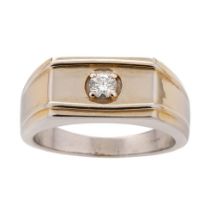 9ct white gold single stone set diamond ring, with yellow gold accenting. Stone measures 20/ 25