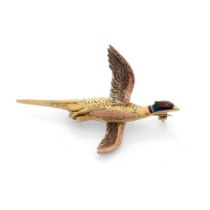 9ct gold brooch in the form of a flying pheasant, with enamelled decoration, varying tones of