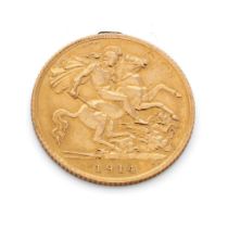 22ct gold half sovereign 1914, (ex-mounted).