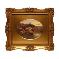 Royal Doulton hand painted oval plaque, depicting ladies watching cattle walk-by, signed by Joseph