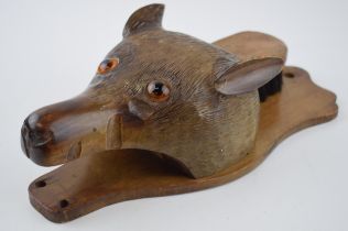 Early 20th century carved wooden brush holder in the form of a fox mask / head, with pull out brush,