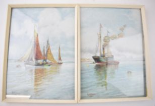D J Williams: a pair of oil on board paintings of harbour scenes with vessels, both dated 1911,