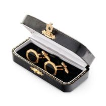 9ct gold hallmarked onyx & diamond set cufflinks, 8.64g, cased.