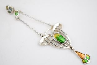 Sterling silver lavalier pendant, Art Nouveau style, with enamelled decoration, modern, 9cm long.