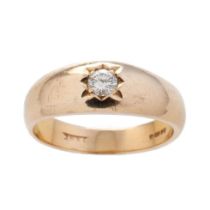 9ct gold hallmarked single diamond gypsy set ring, diamond measures 0.20 ct approx. Weight 5.8g,