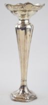 Hallmarked silver ornate trumpet vase, pierced decoration, loaded base, Sheffield 1922, 28cm tall,