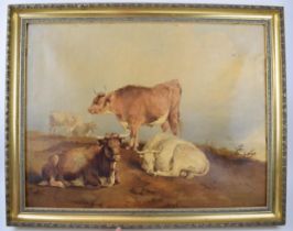 Oil on canvas of Longhorn cattle at rest on mountainous grounds, circa 18th or earlier, with