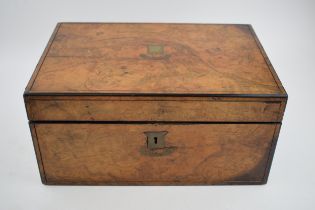 Edwardian burr walnut writing slope with fitted interior, 35 x 24 x 17cm tall, brass escutcheons.