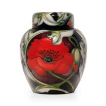 Moorcroft Pottery, a Ginger Jar and cover in the Poppy Pattern, 15.5cms high, tube-line decoration