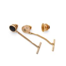 3 x 9ct gold tie tacks / studs, with base metal retainers, weight of weighable gold 2.5g, one