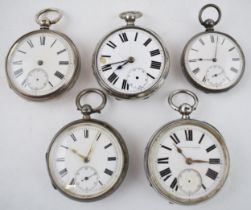 A collection of 5 antique hallmarked silver pocket watches. Case diameters approx 55mm. (5) All in