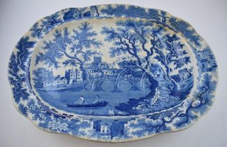 An early 19th century blue and white transfer-printed Henshall St. Alban’s Abbey well and tree large