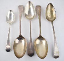 Five silver spoons to include Georgian and Victorian examples. Weight 363.5 grams. (5) In good