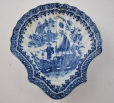 A late 18th century blue and white transfer-printed porcelain Worcester Fisherman and Cormorant