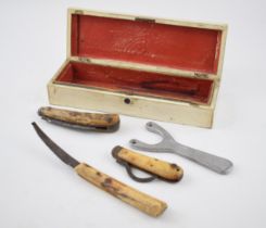 An early 20th century wooden box containing a bone handled Saynor Sheffield pruning pocket knife