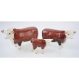 Beswick cattle family to include Hereford Bull, Hereford Cow and Hereford Calf (3). In good