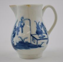 An 18th century blue and white porcelain Worcester Bird in the Ring pattern small jug, c. 1760.