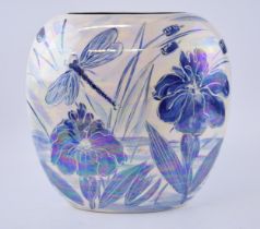 Anita Harris Art Pottery large purse vase, decorated with a dragonfly amongst foliage, 29cm tall,