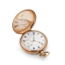 9ct gold full hunter pocket watch, top wind, roman numerals to white dial, winds, ticks, sets and