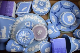 A collection of Wedgwood Jasperware and Queensware items to include blue, green, lilac, tri-colour