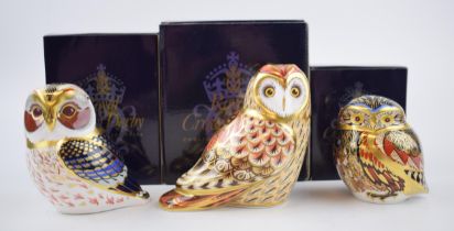 Three Royal Crown Derby Paperweights - Short Eared Owl, 11cm, an exclusive for The Royal Crown Derby