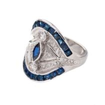 18ct white gold Art Deco style ring, set with 2ct of sapphire and 0.55ct of diamond, 8.5 grams, size