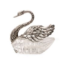 Sterling silver and glass sweet dish with folding wings in the form of a swan, 11cm long. In good