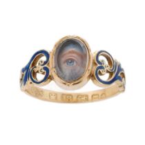 18ct gold antique mourning ring, with blue enamelled decoration featuring an eye, 3.3 grams, size M,