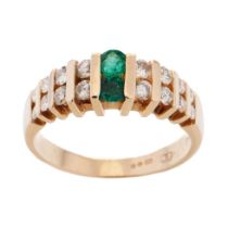 Diamond & emerald set dress ring, set in 14ct gold with 16 diamonds and two emeralds, size M, weight