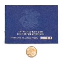 FULL proof sovereign gold coin 2005, with numbered certificate. Some oxidisation on coin noted. Some