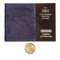 FULL proof sovereign gold coin 2001, with numbered certificate.