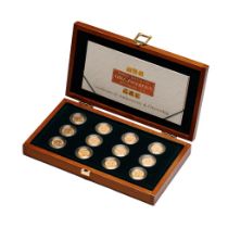 12 x FULL gold sovereign coins, wooden case - The Three Monarchs mint mark set. 4 x Queen