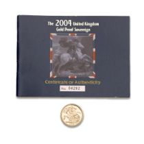 FULL proof sovereign gold coin 2004, with numbered certificate.