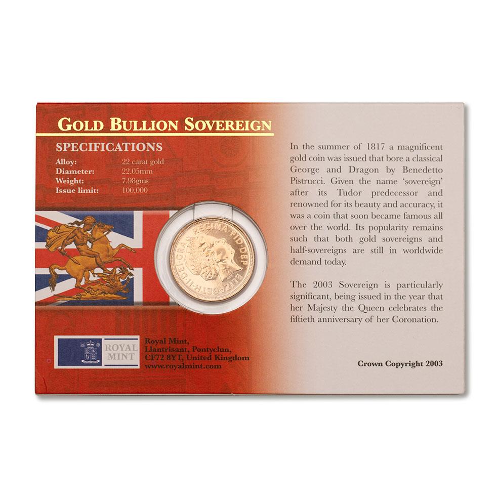 FULL bullion sovereign gold coin 2003, sealed card and envelope. - Image 2 of 2