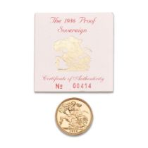 FULL proof sovereign gold coin 1986, with numbered certificate.