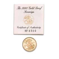 FULL proof sovereign gold coin 1998, with numbered certificate.