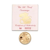 FULL proof sovereign gold coin 1987, with numbered certificate.