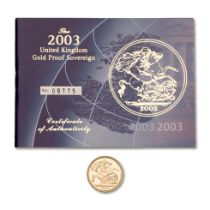 FULL proof sovereign gold coin 2003, with numbered certificate.
