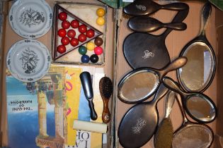A mixed collection of items to include ebony handled monogramed mirrors, miniature balls, 'Partridge