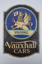 Vauxhall Cars enamel advertising sign, shaped design, 43.5 x 30.5cm. 21st century.