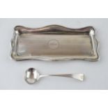 Silver pin tray with striped decoration, Birm 1919, with a Georgian mustard spoon, combined 39.0