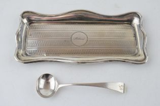 Silver pin tray with striped decoration, Birm 1919, with a Georgian mustard spoon, combined 39.0