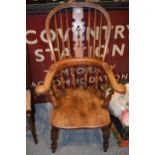 Quality elm and ash farmhouse windsor chair, with arms, spindle back with carved decoration,