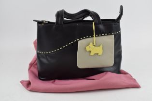 Radley real leather handbag, black and grey with yellow piping in original pink cloth bag. 23cm x