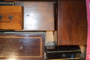 A collection of vintage and antique boxes. To include wooden boxes with inlaid marquetry together