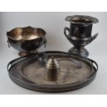 A collection of silver-plated items to include trays, an urn and a bowl, largest 27cm tall. In