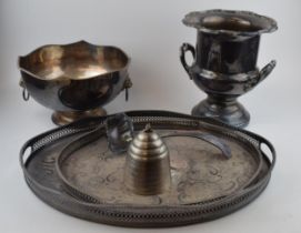 A collection of silver-plated items to include trays, an urn and a bowl, largest 27cm tall. In
