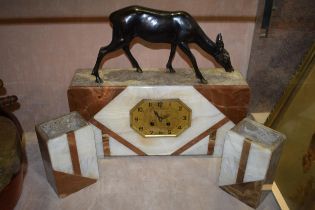 Art Deco garniture clock with cast metal deer to top. Marble case and garnitures. Clock 41cm x 37cm.